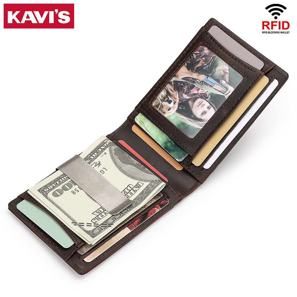 Bifold Leather Wallet - KAVIS Geldclip Portemonnee voor Heren RFID